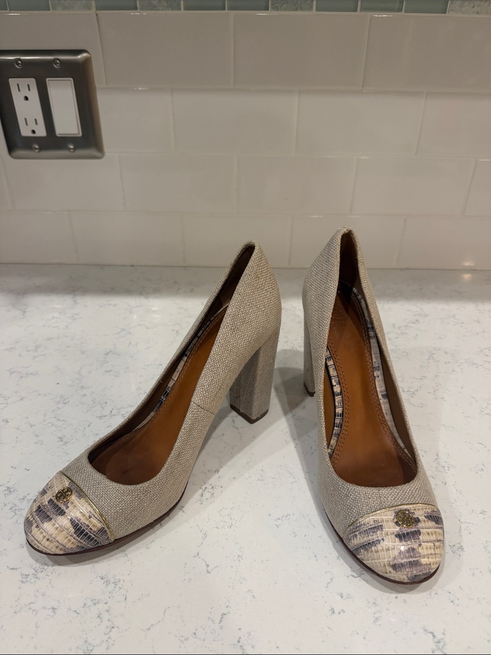 Tory Burch Quiet Luxury Neutral Textured Block Heel Pumps with Patterned Cap Toe